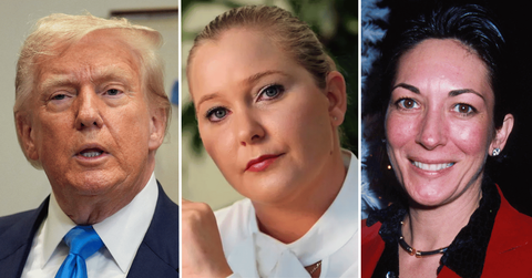 Split photo of Donald Trump, Virginia Giuffre, Ghislaine Maxwell