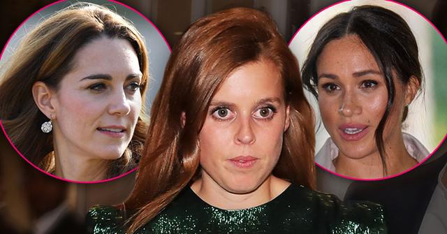 Inset of Kate Middleton, Inset Of Meghan Markle, Princess Beatrice Looking Nervous Wearing Green Sequinned Dress