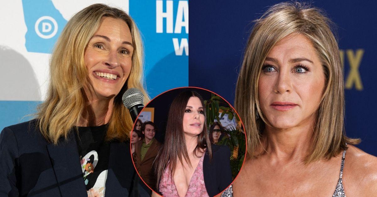 Split photos of Julia Roberts, Jennifer Aniston, and Sandra Bullock.