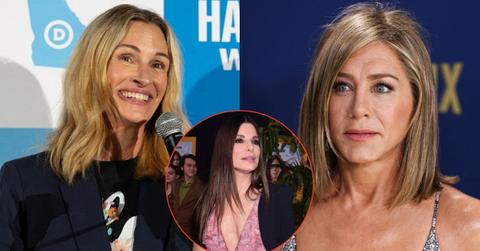 Split photos of Julia Roberts, Jennifer Aniston, and Sandra Bullock.