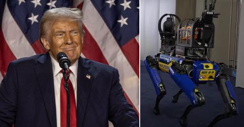 Split photo of Donald Trump, robot dogs