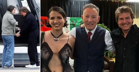 Composite photo of Victoria Canal and Tom Cruise outside a helicopter and the pair backstage with Bruce Springsteen