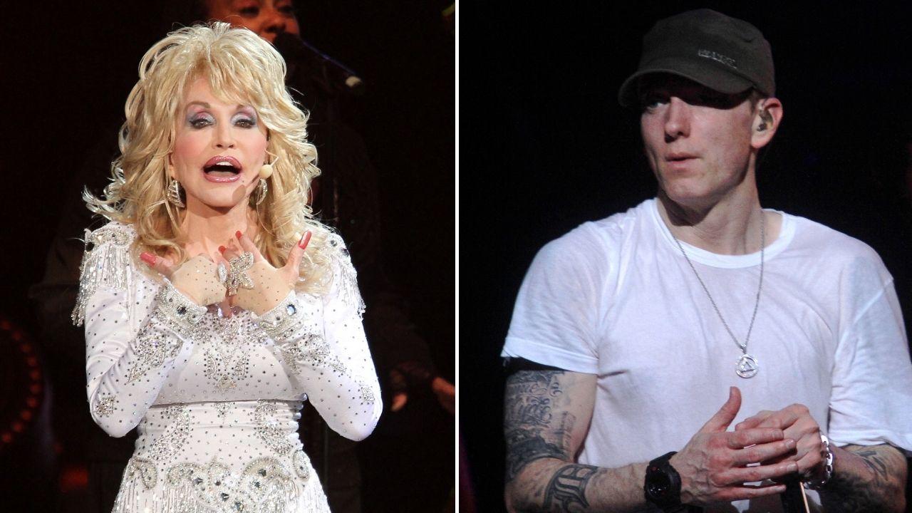 Split photo of Eminem and Dolly Parton
