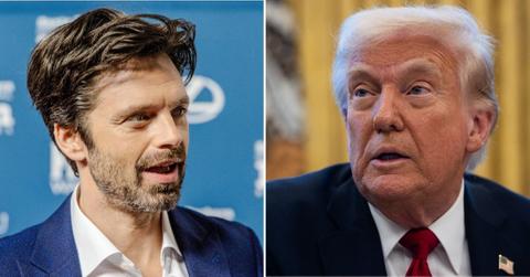 Split photo of Sebastian Stan, Donald Trump