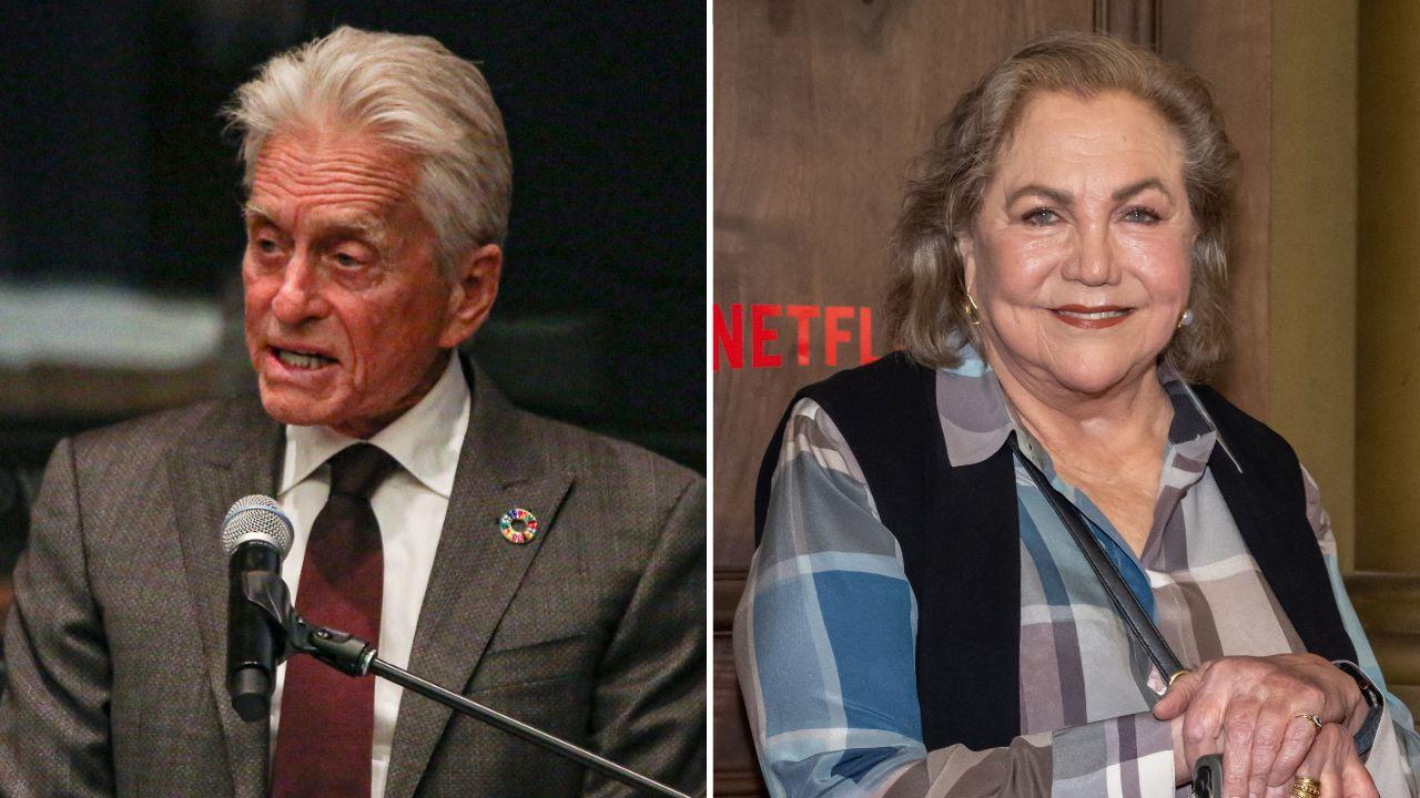 split image of Michael Douglas and Kathleen Turner