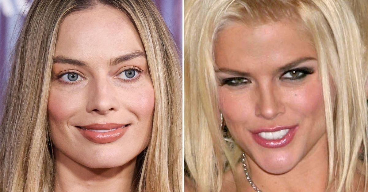 Split photo of Margot Robbie and Anna Nicole Smith.