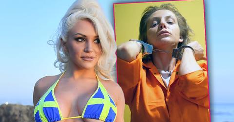 Courtney Stodden hits the beach in Bikini Blue/Purple with Green, Inset Courtney Stodden as serial killer Aileen Wuornos in Orange prison Jumpsuit With Handcuffs