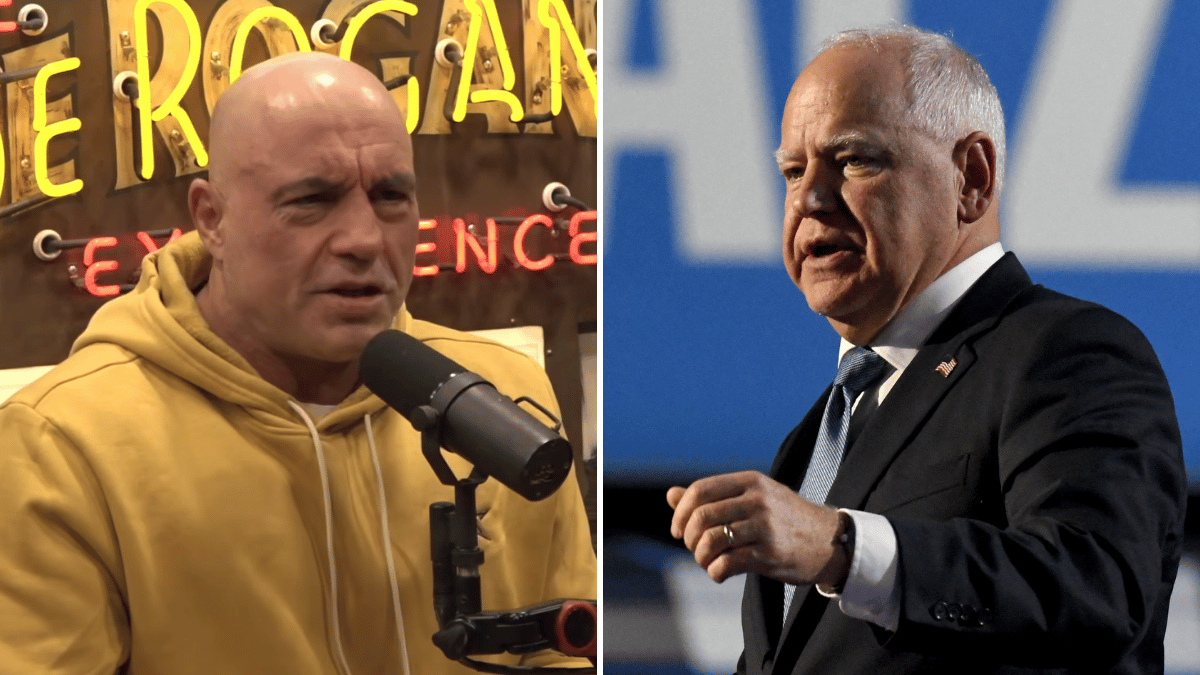 Split photo of Joe Rogan, Tim Walz