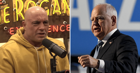Split photo of Joe Rogan, Tim Walz