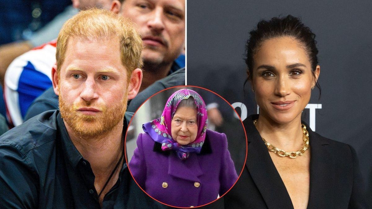 Split photo of Prince Harry, Queen Elizabeth and Meghan Markle
