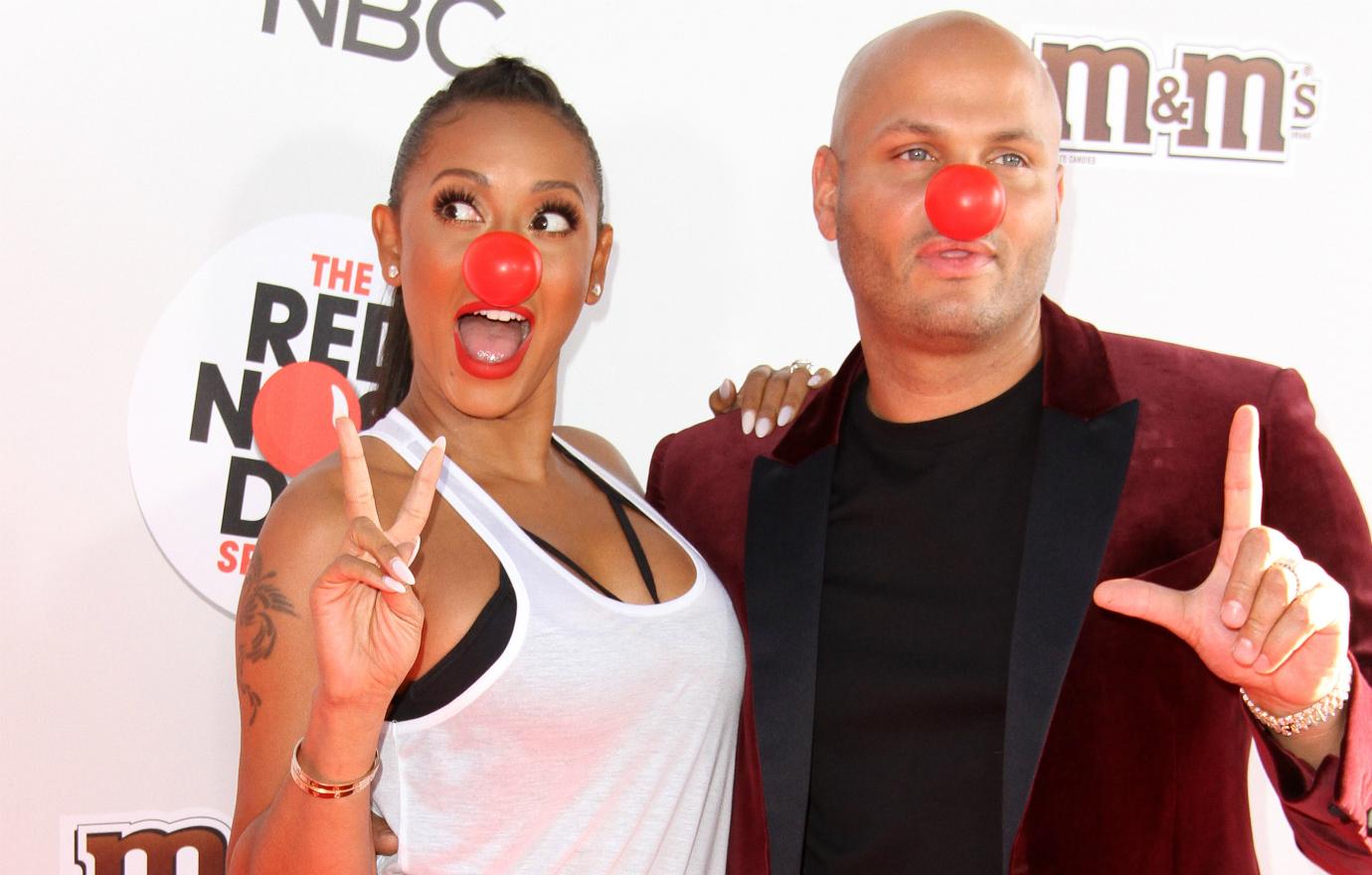 Mel B. donned a red nose, along with Stephen Belafonte, for international Red Nose Day at NBC Studios in Los Angeles.