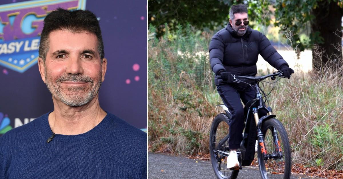 Photos of Simon Cowell at public event and also on an e-bike