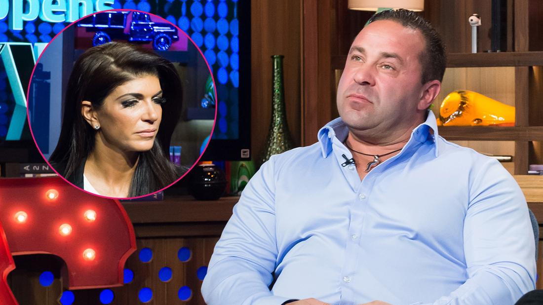 Joe Giudice on WWHL with Andy Cohen wearing a blue shirt. Inset top right, Teresa Giudice.