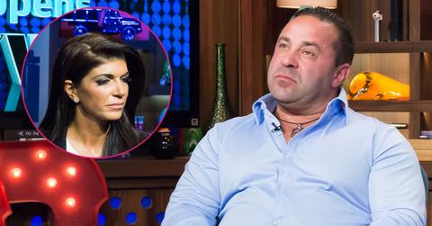 Joe Giudice on WWHL with Andy Cohen wearing a blue shirt. Inset top right, Teresa Giudice.