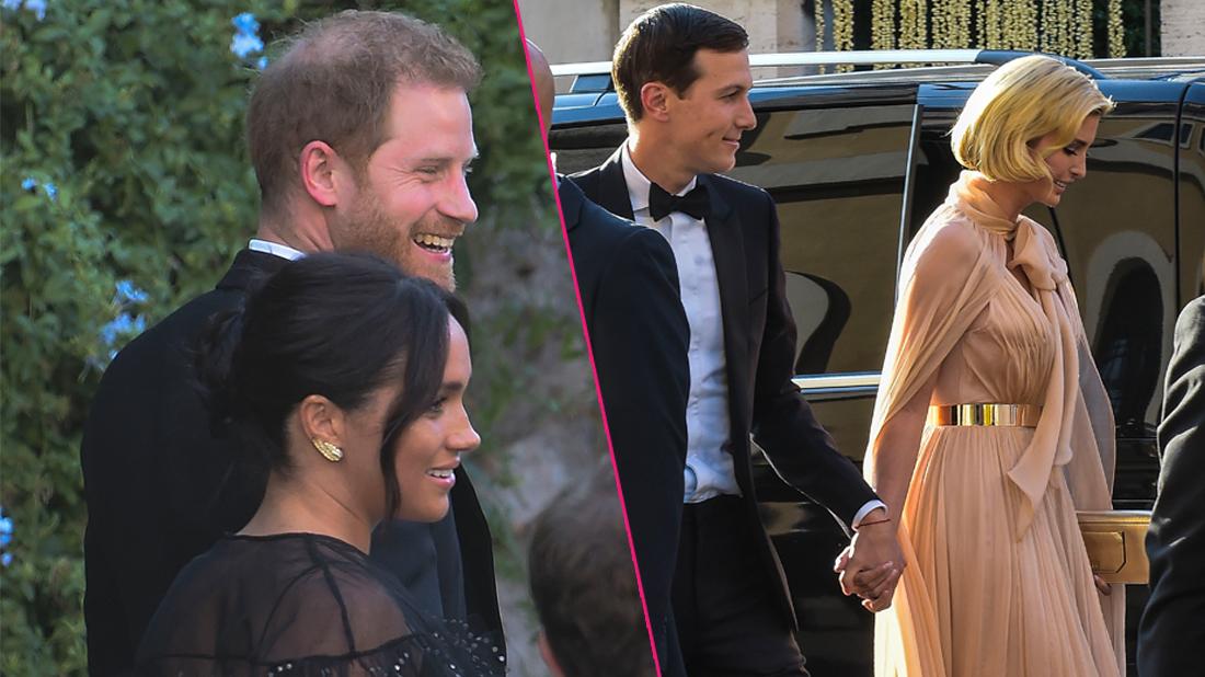 Left, Prince Harry and wife Megan Markle arrive at the Villa Aurelia in Rome to attend the wedding of Misha Nonoo and Michael Henn. Right, Jared Kushner arrive at the Villa Aurelia in Rome to attend the wedding of Misha Nonoo and Michael Henn.