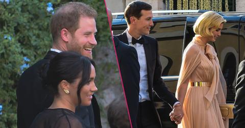Left, Prince Harry and wife Megan Markle arrive at the Villa Aurelia in Rome to attend the wedding of Misha Nonoo and Michael Henn. Right, Jared Kushner arrive at the Villa Aurelia in Rome to attend the wedding of Misha Nonoo and Michael Henn.