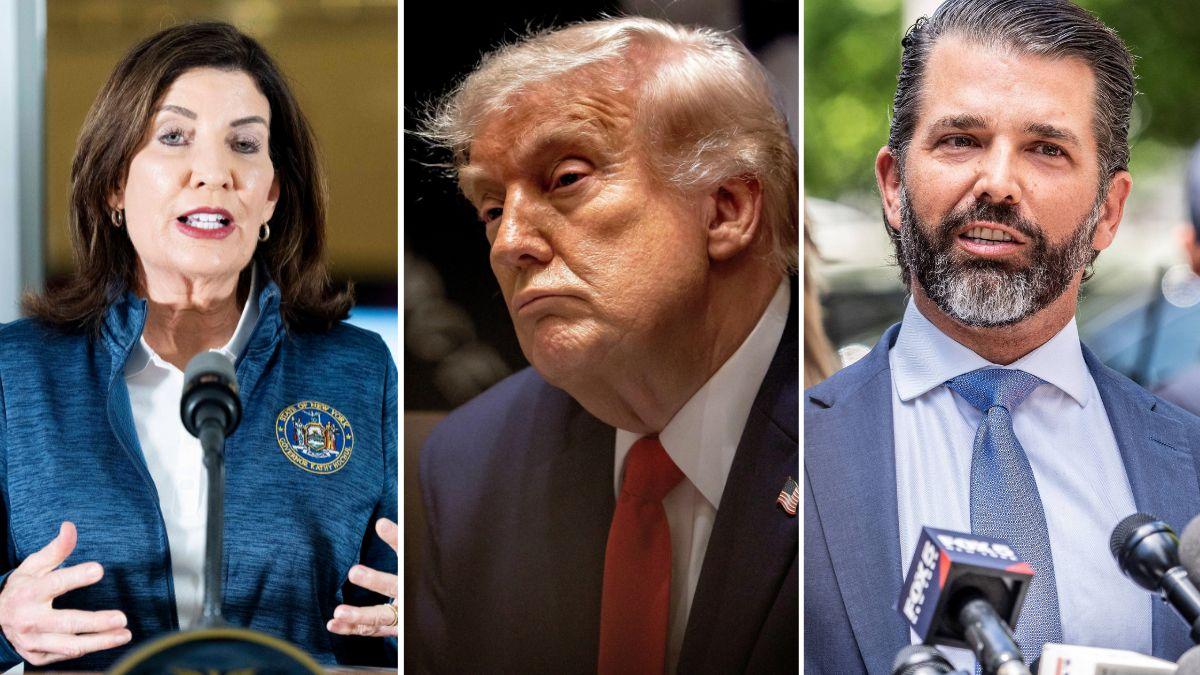 A photo of Donald Trump alongside a photo of Kathy Hochul and a photo of Donald Trump Jr.