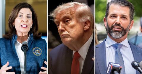 A photo of Donald Trump alongside a photo of Kathy Hochul and a photo of Donald Trump Jr.