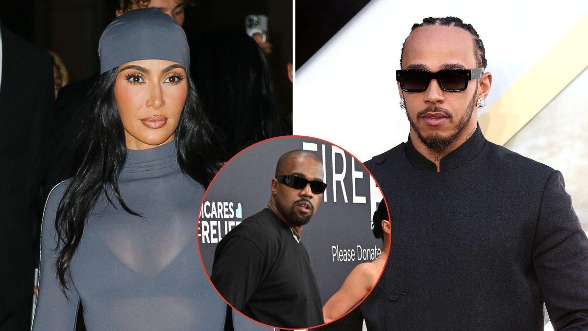 Split photos of Kim Kardashian, Kanye West and Lewis Hamilton