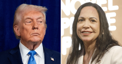 Split photo of Donald Trump, María Corina Machado