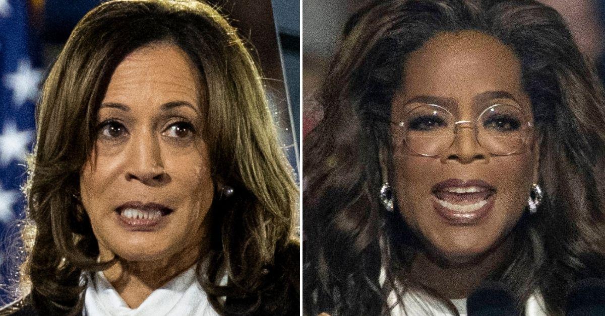 Split photo of Kamala Harris and Oprah Winfrey.