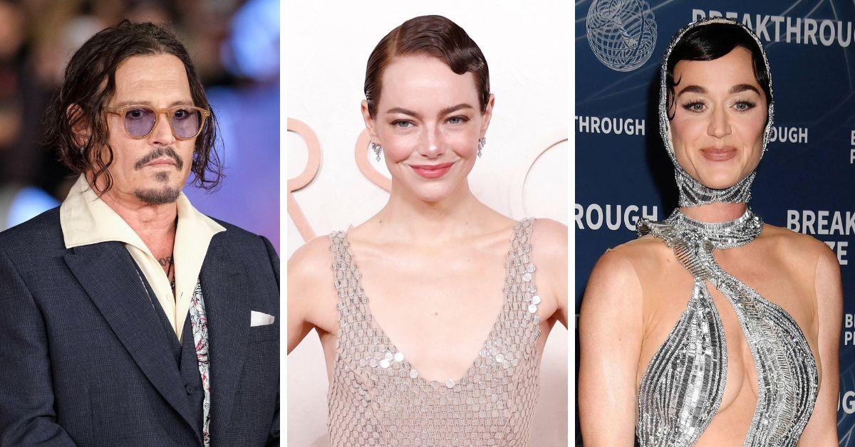 split photo of Johnny Depp, Emma Stone, Katy Perry