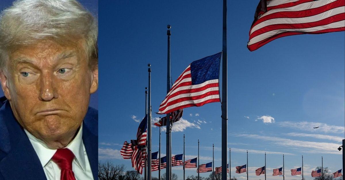 split photo of Donald Trump, flags