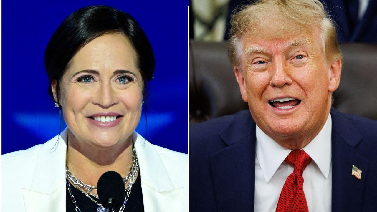 split image of Stephanie Grisham and Donald Trump