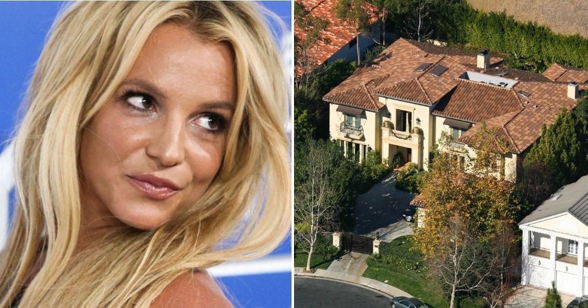 Split photo of Britney Spears, her mansion.