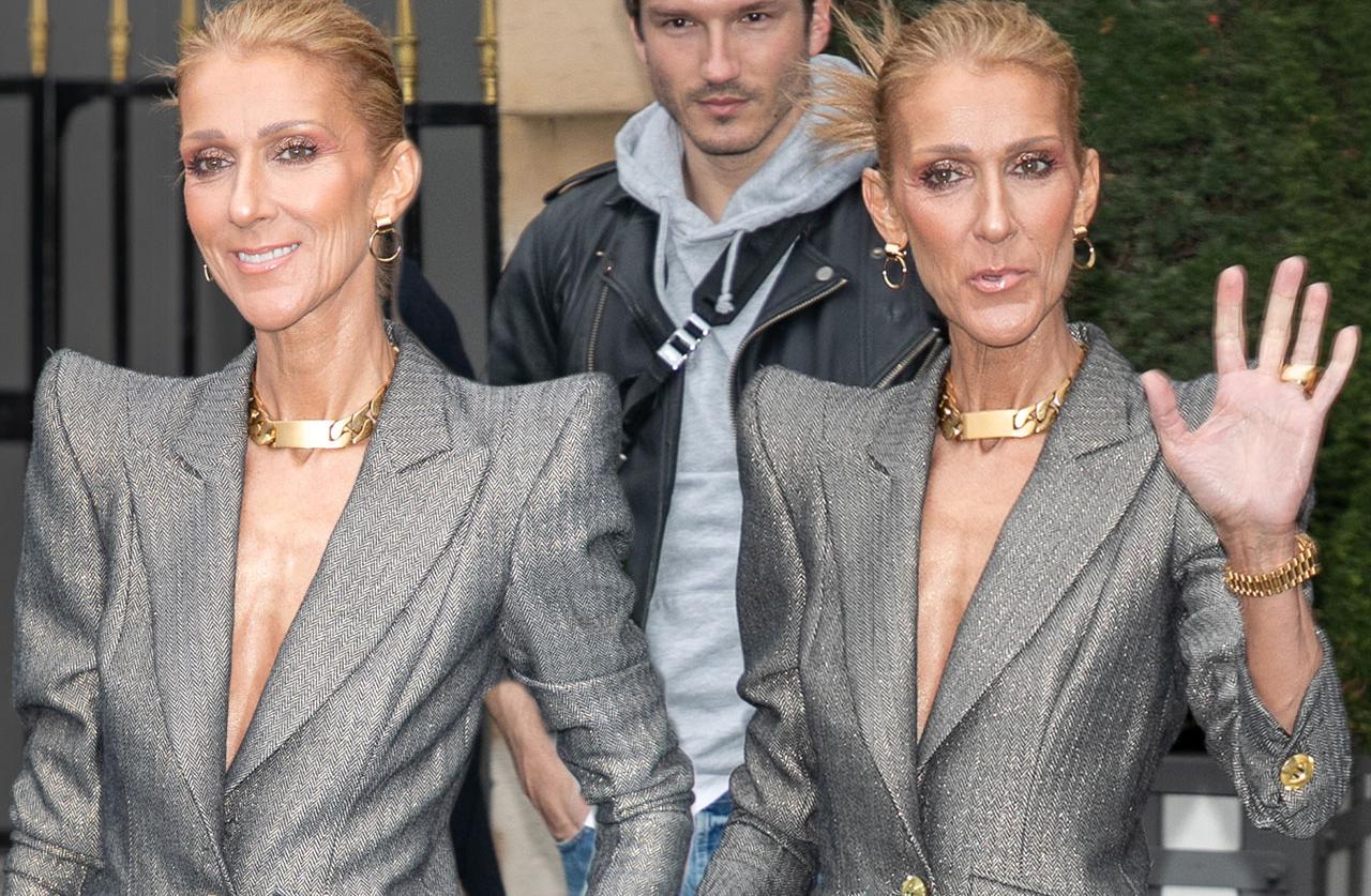 Celine Dion Scary Skinny Grey Suit Paris