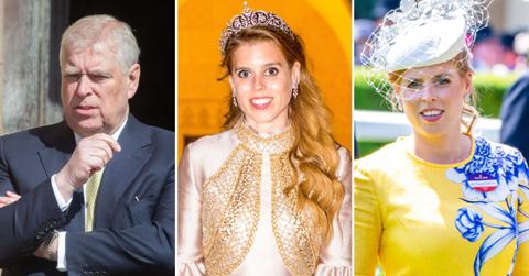 split image of Andrew Windsor, Princess Eugenie and Princess Beatrice