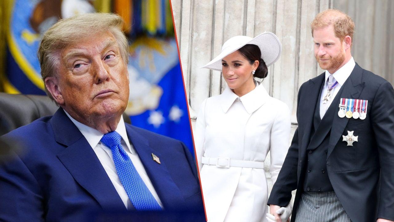 Split photo of Donald Trump, Prince Harry and Meghan Markle