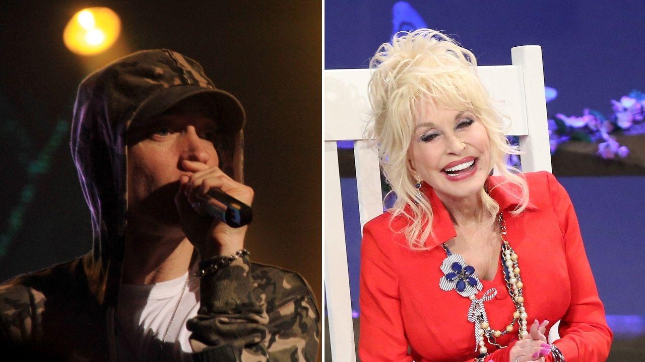 Split photo of Eminem and Dolly Parton