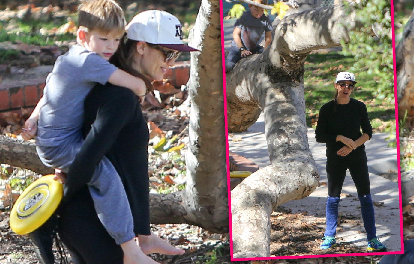 Jennifer Garner gives her son Samuel a piggyback ride after picking him up  from school in Brentwood