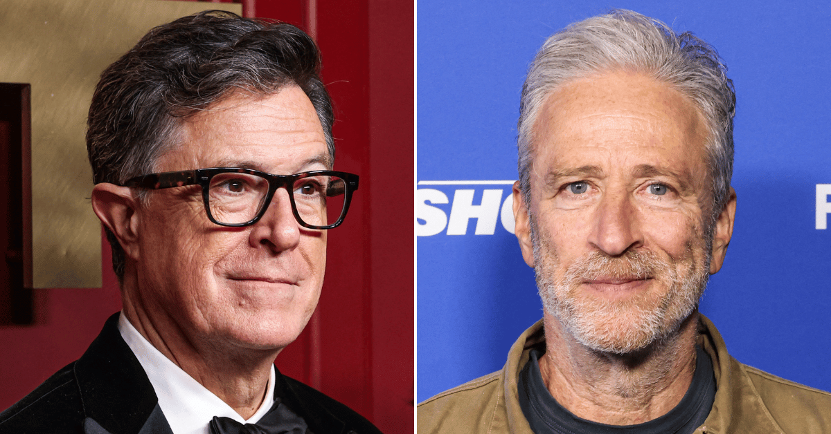 Split photo of Stephen Colbert, Jon Stewart