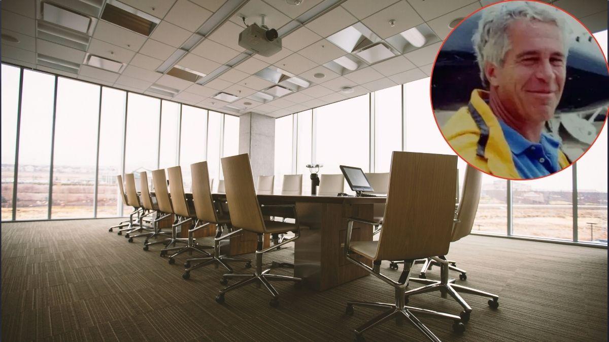 Photo of a boardroom and Jeffrey Epstein