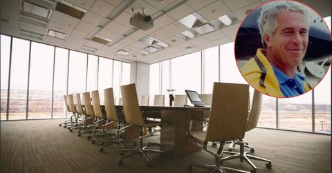 Photo of a boardroom and Jeffrey Epstein
