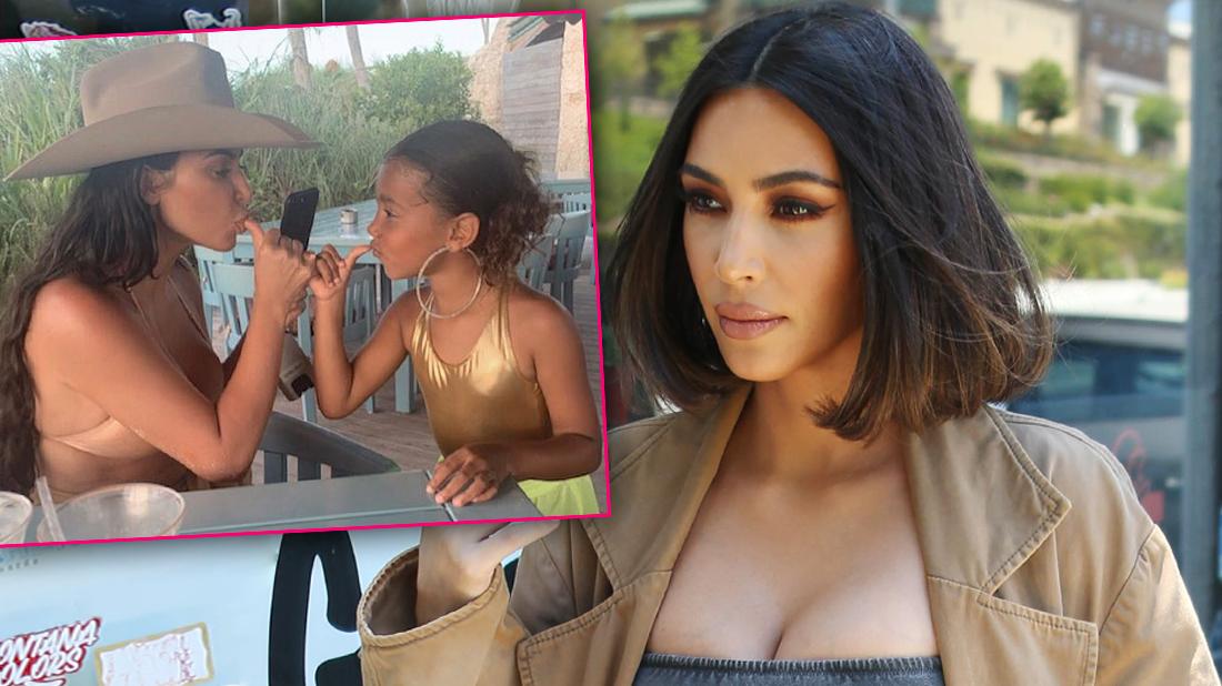 Kim Kardashian Looking Shocked with Inset of Kim with Daughter North West Wearing Large Hoop Earrings