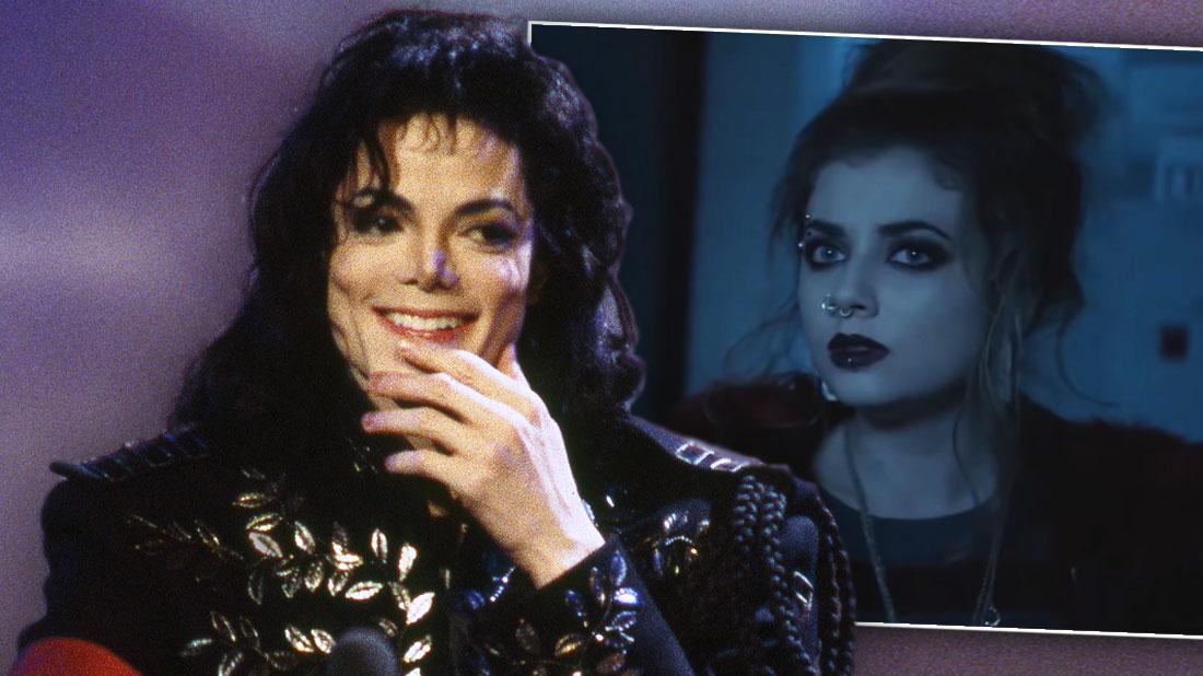 Michael Jackson Smiling With Hand Partially Covering His Mouth Looking Right at Inset Of Paris Jackson in the TV Film Scream Ressurection