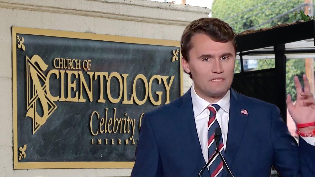 Composite photo of Church of Scientology and Charlie Kirk