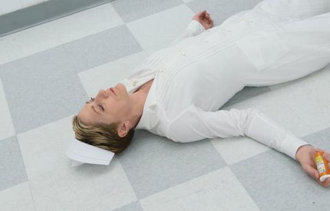 In a still from Nurse Jackie, Edie Falco was seen in her nurse’s uniform having passed out on the floor.