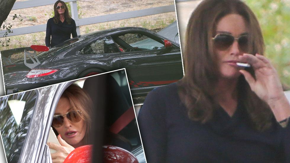 Caitlyn Jenner Smokes Cigarette Outside Her Porsche