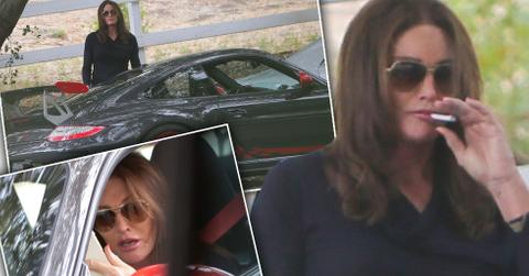 Caitlyn Jenner Smokes Cigarette Outside Her Porsche