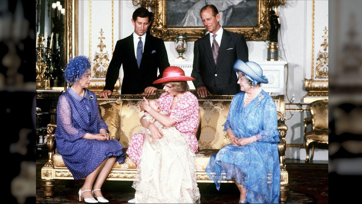 Photo of Prince Charles, Prince Philip, Queen Elizabeth II and Queen Mother.