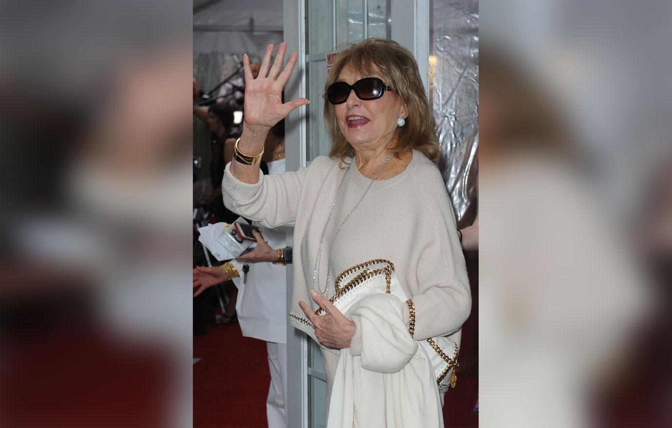 Smiling Barbara Walters Wearing Tan Scoopneck Sweater With Tan Slacks And Sunglasses at the 'Cafe Society' film premiere