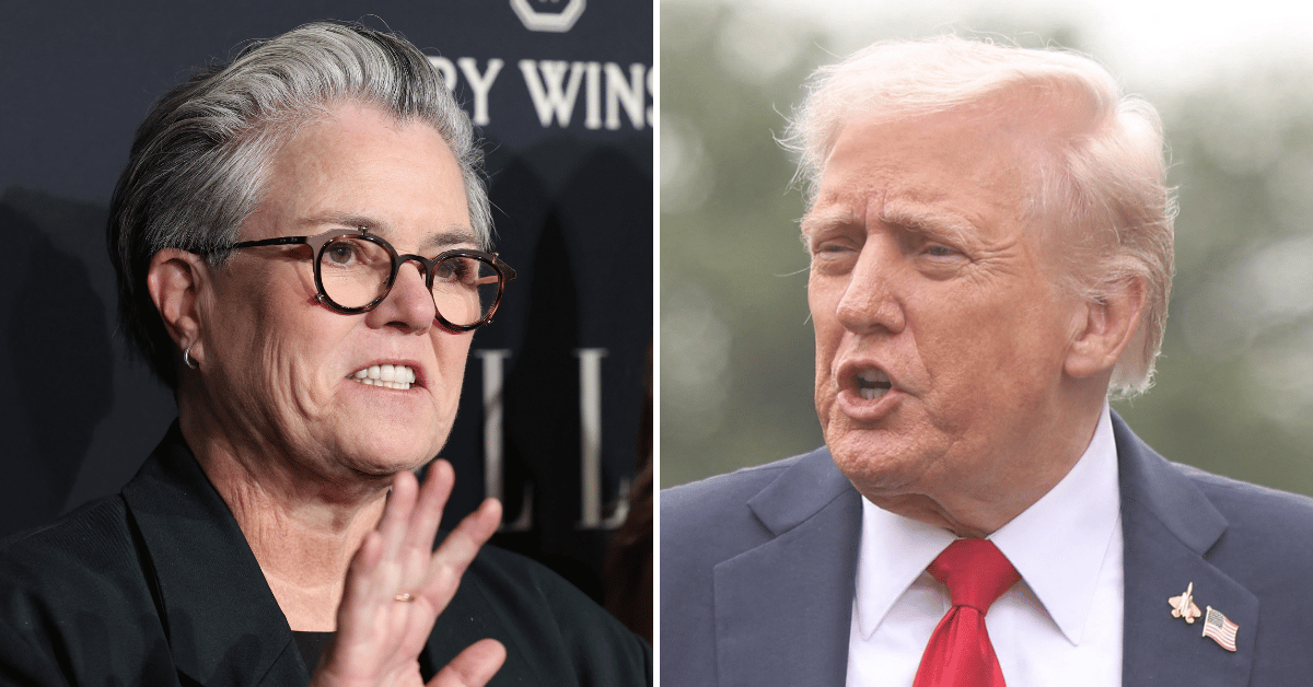 Split photo of Rosie O'Donnell and Donald Trump