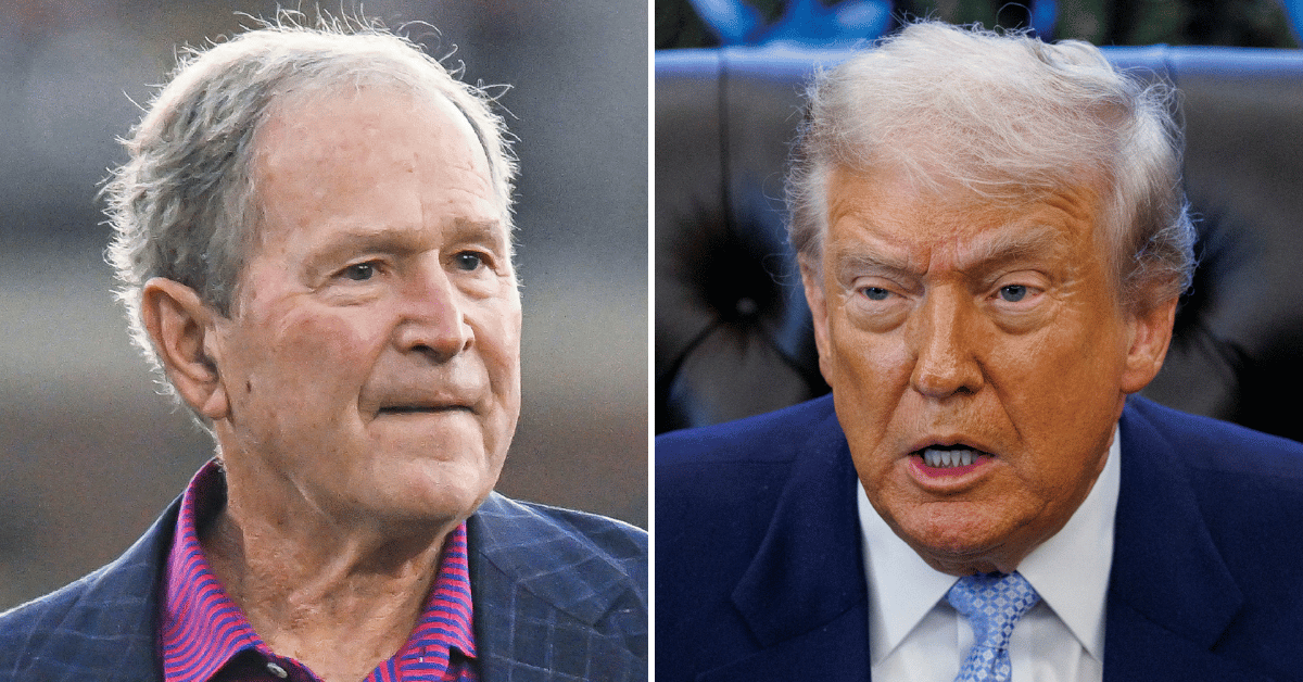 Split photo of George W. Bush, Donald Trump