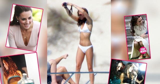 Collage of photos showing Kate Middleton nude, nip slips and wardrobe malfunctions