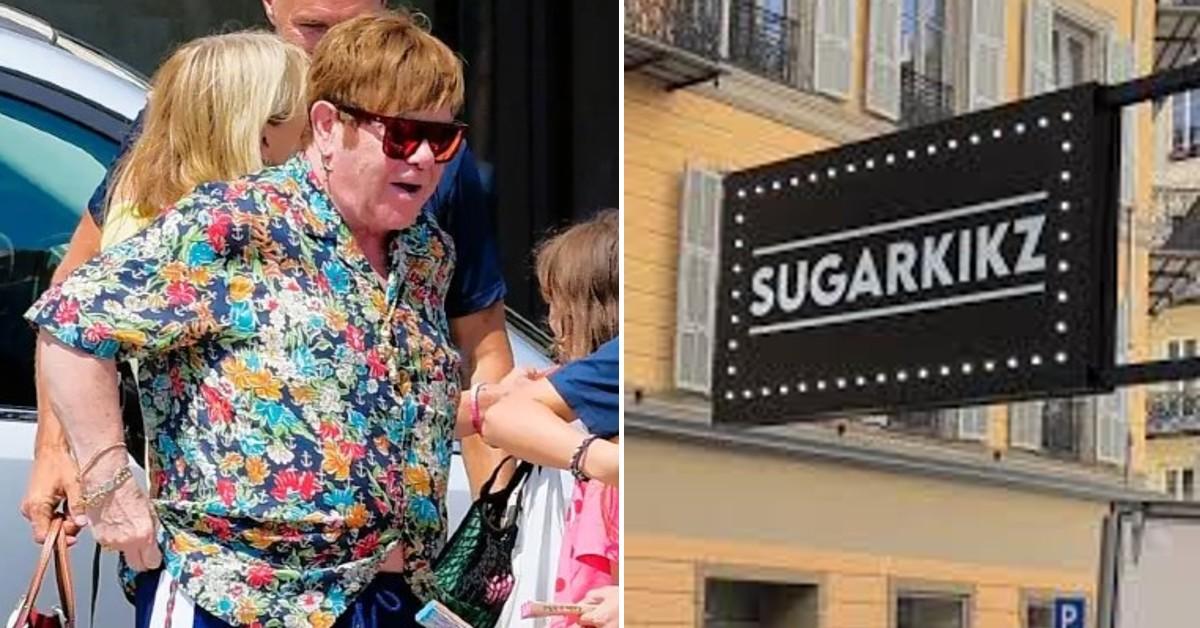 Composite photo of Elton John and french shoe store Sugarkikz