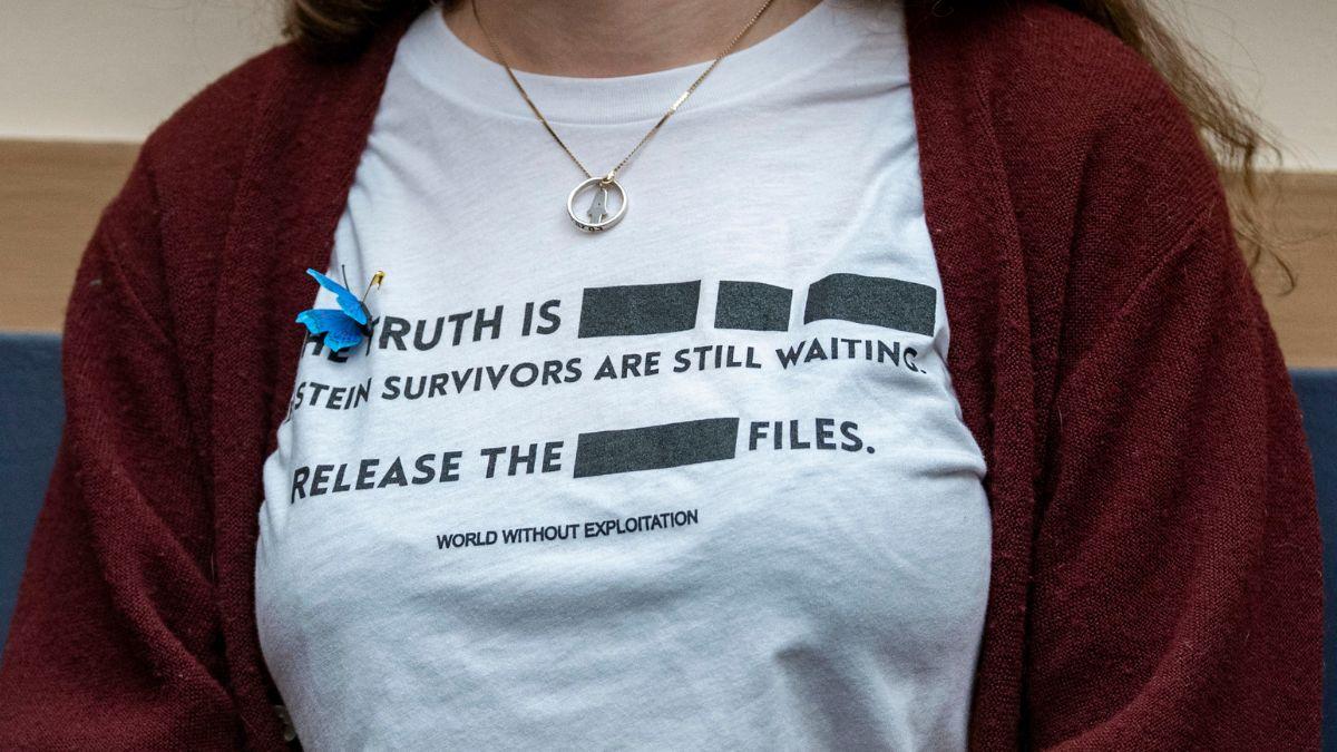 A photo of a person wearing a shirt in support of victims of convicted sex offender Jeffrey Epstein